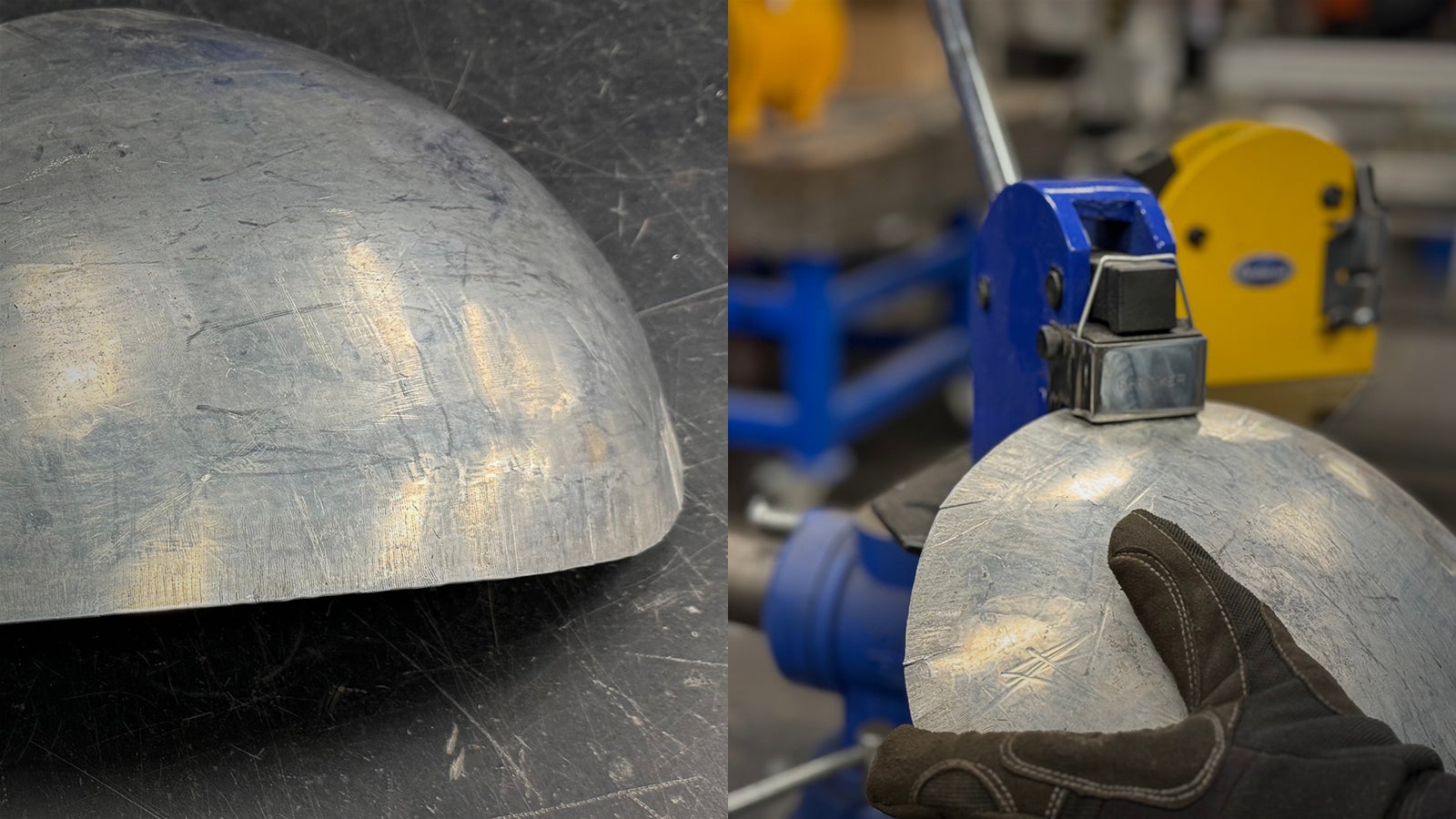 A shrinker stretcher tool being used to form sheet metal