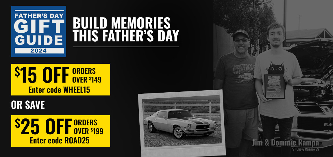 Visit the Eastwood Father's Day Gift Guide for 2024 - Build memories this Father's Day. *Pictured: Jim and Dominic Rampa with their 1971 Chevy Camaro SS