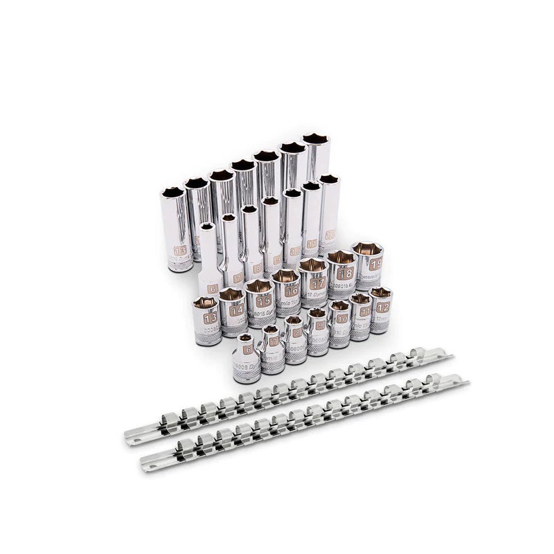 Dynamic Tools 3/8in Drive 28 Piece 6 Point Mirror Chrome Regular & Deep length Metric Set D106006