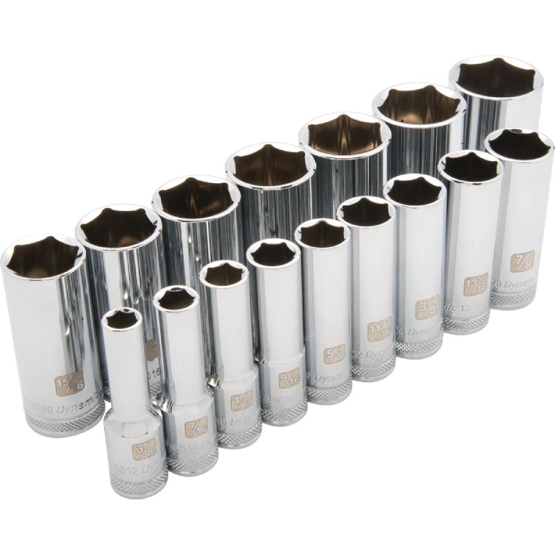 Dynamic Tools 1/2in Drive 16 Piece 6 Point Deep, SAE Socket Set, 3/8in - 1-5/16in D018001