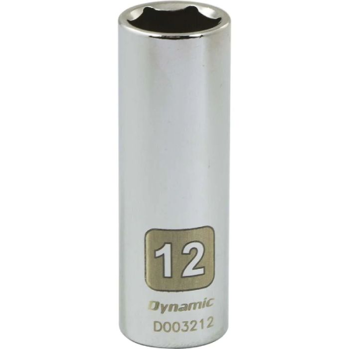 Dynamic Tools 1/4in. Drive 6 Point Metric 12mm Deep Length Chrome Finish Socket D003212
