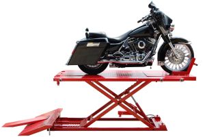 Titan Lifts Motorcycle Lift - Red - Diamond Plate Table - Ramp - Front & Side Extensions - 1500 lb. Capacity HDML 1500XLT-RD