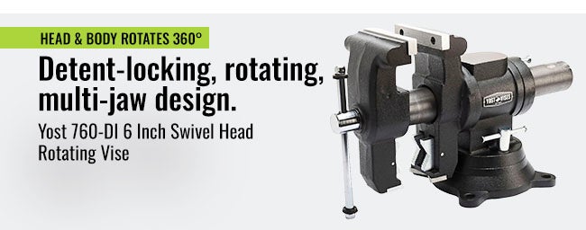 Head & body Rotates 360°. Detent-locking, rotating, multi-jaw design. Yost 760-DI 6 Inch Swivel Head Rotating Vise